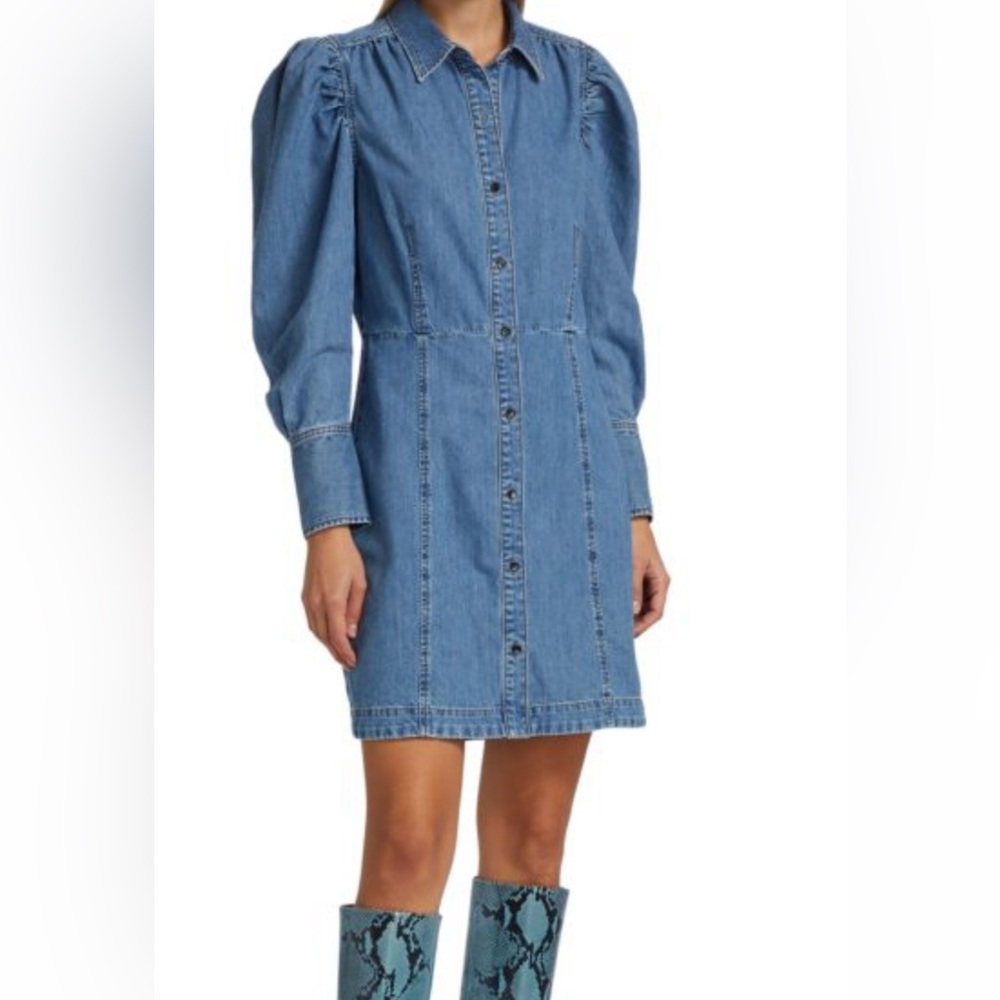 FRAME 💙blue jean puffy long sleeve mini dress! button up size S never been worn